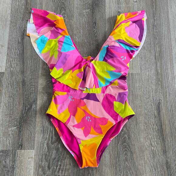 NWT Trina Turk Lilleth Ruffle One-Piece Swimsuit Pink Multi - Size: 10 - Picture 9 of 11